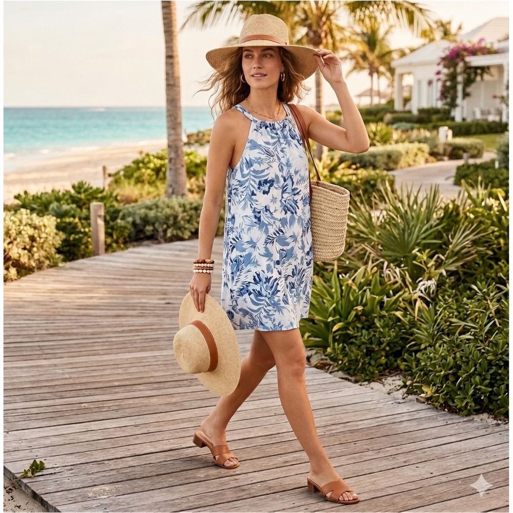 C&C California Linen Blue White Tropical Floral Boho Halter Mini Dress Beach M